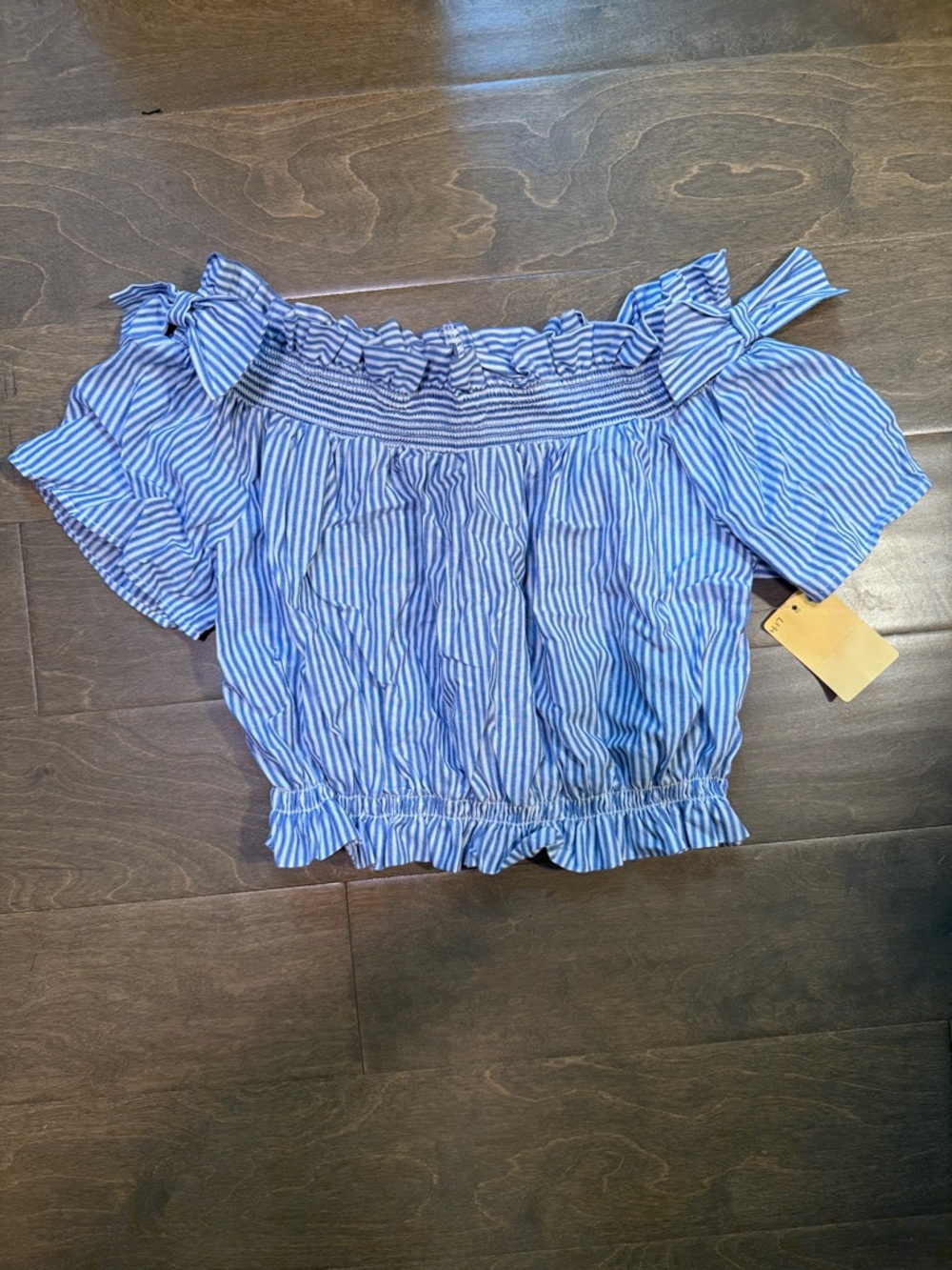 Blue Striped Off-Shoulder Smocked Crop Top